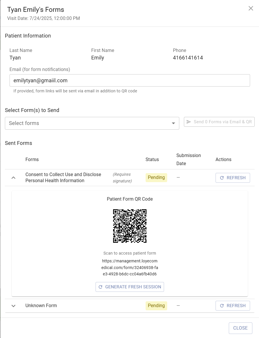 Sending a consent form to a patient by email and QR code in LoyEco